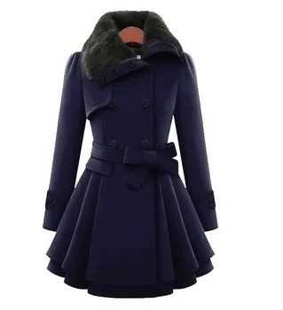 Lisa Marcel Moda orta-uzun kürk yaka rahat Kalın ceket Mont kabanlar sonbahar kış Sıcak yün ceket Kadın