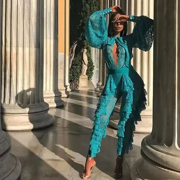 Zarif Dantel Tulum 2018 Yeni Fahshion Yeşil Uzun Kollu Romper Kadın İçi Boş Dışarı Ünlü Akşam Parti Vestidos Tulumlar