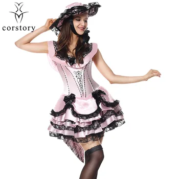 Corstory Victoria Pembe Saten Delux Prenses Belle Cadılar Bayramı Kostüm Güzellik Ve Canavar Yetişkin Cosplay Lolita Elbise