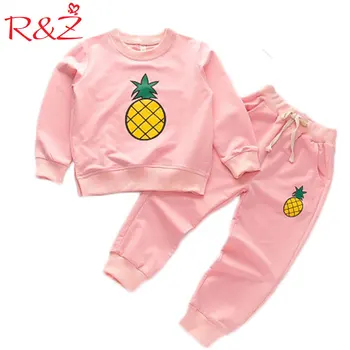 R&Z 2017 Kızlar Uzun Kollu Sonbahar Yeni Karikatür Ananas T-shirt + Pantolon 2 Adet Moda Pamuk Eğlence Spor takım Elbise Giyim takım Elbise