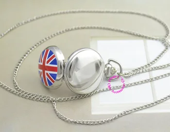 İngilizce İngiltere İngiltere İNGİLTERE bayrağı cep saati kadın Bayan kız kolye saat Gümüş moda antibrittle emaye ayna