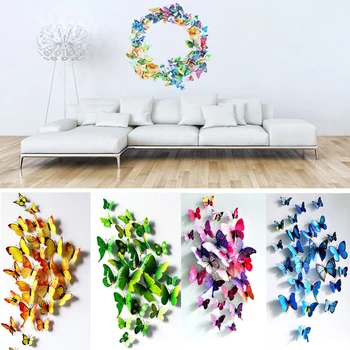 12 Adet 3D Kelebek Vinil Sanat Tasarım Çıkartma Pencere Duvar Çıkartmaları Buzdolabı Mıknatısı Düğün salonu Ev Dekorasyonu İçin 16 Renk