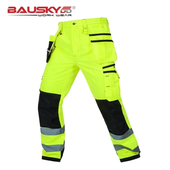 Bauskydd Yüksek görünürlük Mens çok-cep floresan sarı yansıtıcı güvenlik iş pantolon kargo çalışma pantolon ücretsiz kargo