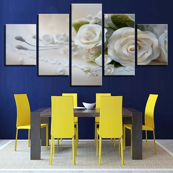 Tuval Oturma Odası İçin Duvar Sanat Baskı Ev Dekorasyon Moda 5 Paneli Güzel Beyaz Çiçek Modüler Resimleri Çerçeveli