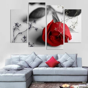 Tuval Duvar Sanatı Ev Dekor Panelleri Kırmızı Boya 4 Adet Çiçek Poster ht005 Oturma Odası Kare İçin Gül Yazdırır