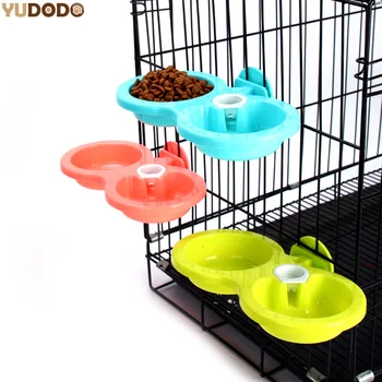 Besleyici Köpek Yavrusu İçin Kase Asılı 2 Boyutları Pet Kafes Kedi Otomatik Su İçme Çift Kullanımlı Köpek Çift Kase Mavi/Pembe/Yeşil