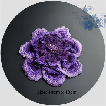 1 Adet Mor Renkli 3D Büyük Boy Çiçek Yama Türü Colth Üzerinde 13 cm 14 Etiket x Dikiş