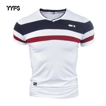 YYFS Adam Kısa Adam 2018 Yeni Yaz %100 Saf Pamuk Vintage Yamalı Tişört V yaka Pamuklu tshirt Homme M 4XL T Shirt Kol-
