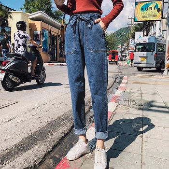 Kore stil kadın kalem pantolon yeni 2018 ilkbahar sonbahar yeni gevşek kot pantolon kadın yüksek bel ayak bileği uzunlukta kot pantolon S M L XL