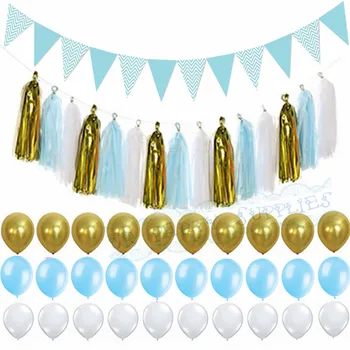 1 Açık Mavi Altın Kağıt Püskül Çelenk Bayrak Banner Doğum Günü Partisi Düğün Süslemeleri Bebek Duş Çocuk Odası Dekorasyonu Bayrak Afiş Kümesi