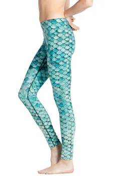 Ropa Mujer Kadın Aqua Ölçekli Denizkızı Baskı Fitness Egzersiz Hızlı Kuru Yüksek Bel Ayak Bileği Uzunlukta Enerji Pantolon Tozluk Pantolon