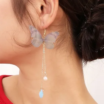 Kadınlar için Kore şık Kelebek Küpe Uzun Püskül Kristal İnci Dangle Küpe Takı XR1313 Pendientes Kulak Damlası Zinciri