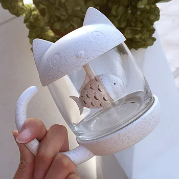 Karikatür Kedi Çay Bardağı Balık filtre yüksek kaliteli silikon süzgeçli cam bardak Yaratıcı kupa çay seti