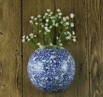 Kılavuzu Olan Metope Seramik Dekoratif Vazo Duvarda Asılı Çiçek Kabı Mavi ve Beyaz Porselen Seramik
