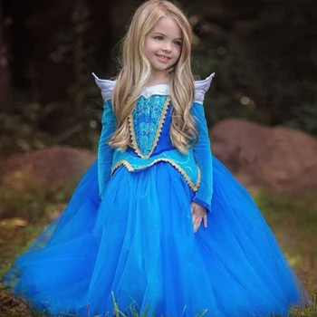 Kızlar Parti için Uyku 2018 Kızlar Güzellik Prenses Kostümü Bahar Sonbahar Kız Elbise Pembe Mavi Prenses Aurora Elbise Kostüm