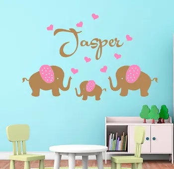 Çocuk Odası Bebek Duvar Çıkartmaları çocuk odası Duvar Sanatı Ev Dekorasyonu D959 İçin Kalpler Duvar Stickes ile kişiselleştirilmiş Özel Ad 3 Filler