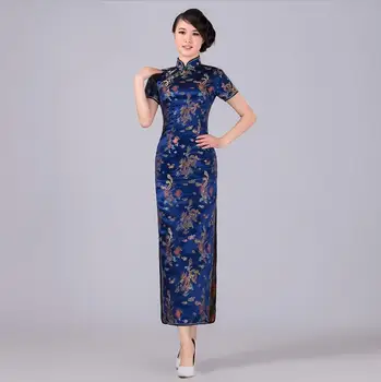Lacivert Çinli Kadınların Geleneksel Elbise Uzun İpek Saten Cheongsam Qipao Üst Artı Boyutu S M L XL XXL XXXL 4XL 5XL 6XL JS0016