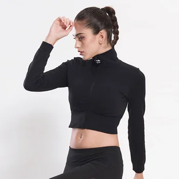 Kırpma Üst Ceket Ceket Kadın Spor Ceket Uzun Kollu Fermuar Seksi Spor Gömlek Gömlek Ceket Çalışan Yoga Fitness Yoga Top Spor Gömlek