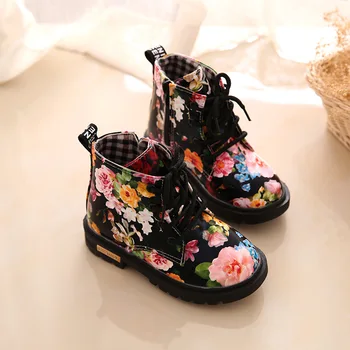 2018 Moda Baskı Ayakkabı Kız Botları PU Deri Zarif Çiçek Çiçek Baskı Casual Çocuk Ayakkabı Bebek Martin Çizmeler Çocuklar