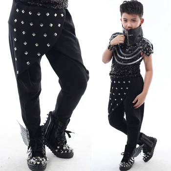 Yeni moda ince rahat 3 renk çocuk pantolon sahne performansı perçin çocuk caz hiphop kostüm giymek için pantolon harem