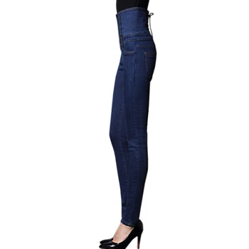2017 İNDJXND Yüksek Bel Elastik Pantolon Kadınların Düğme Skinny Denim Moda İnce Tam Boy Kalem Pantolon Çift Artı Boyutu 6XL K190