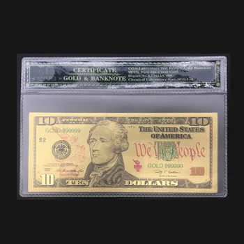 Amerika Banknotlar 10 Dolar İçin Hihg Kaliteli Ürün Koleksiyonu İçin Plastik Çerçeve İle Kaplama 24K Altın Banknot Bill