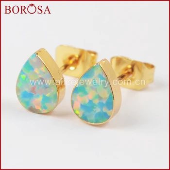 G1418 BOROSA 5Pairs Yeni Moda Altın Rengi Teardrop Beyaz Mavi Opal Stud Kadınlar için Japon Opal Küpe Küpe Kız Takı