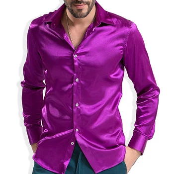 2018 Erkek Moda Parlak İpek Saten Gömlek Lüks İpek Uzun Kollu Erkek spor Gömlek Performans Giyim Gibi