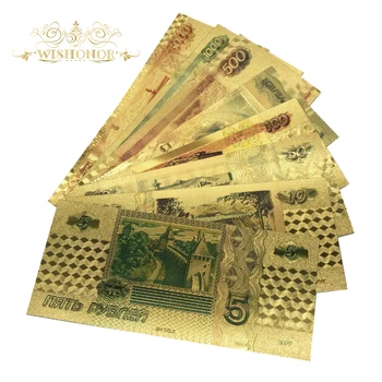 Wishonor 8Pcs/Lot Rusya 24K Altın Kaplama Kağıt Para Hediyeler İçin Banknot 5 10 50 100 500 1000 5000 Ruble Banknot Renkli
