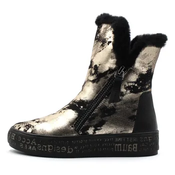 Kadın fermuar için EĞLENCELİ VİLLE Yeni Moda Kadın kar botları altın gümüş Gerçek Kürk Yün ayak Bileği bot Kışlık Ayakkabı 55 boyut