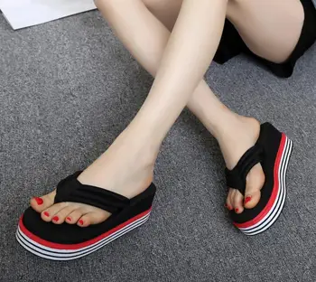 6.5 cm topuklu flip flop, yaz terlik kadın ayakkabı kadın plaj ayakkabı ışık altındaki platform El Beyaz sandalet takozlar