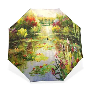 Monet Özgün Kadın Şemsiye yağlı Boya 3 Katlanır Şemsiye Güneş Koruma Anti-UV Güneş ve Yağmur Şemsiye Bayan Şemsiye