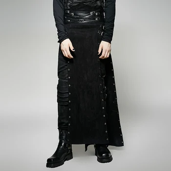 Erkekler için Steampunk Kişilik Siyah PU Deri Uzun Bölünmüş Etek Gotik Yakışıklı Rahat Pantolon Pantolon Performans Sahne Punk
