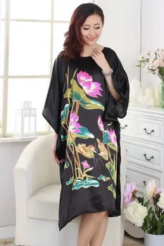 Yeni Varış Siyah Kadın Faux İpek Elbise Banyo Kıyafeti Yukata Gecelik Pijama Sleepshirts Nuisette Pijama Mujer Bir Boyut SM012