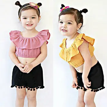 2 ADET Çocuk Kız Bebek Elbise Omuz Kırpma Üst T Yaz Ayarlar-Shirt Yeni Kıyafet Giyim Kızlar Şort