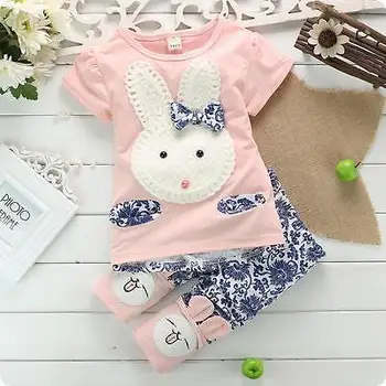 1 Çiçek Bunny Giysileri Sevimli Beyaz Tavşan Kız 2PC Bebek Çocuklar Kız Elbise Gömlek Üstleri Kısa Pantolon + Ayarlar 4Y Set