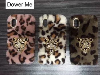 İPhone X 8 7 6 6 İçin Dower Beni Moda Elmas Leopar Kafa Kış Sıcak Leopard Tahıl Yumuşak Tüylü Tavşan Kürk Saç kılıfı Artı