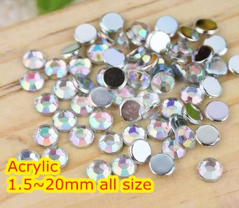 Cryatal AB Renk 1.5~20 mm Düz Geri Yuvarlak Akrilik elmas taklidi,Akrilik Reçine 3D Tırnak Sanat / Giysi Taklidi