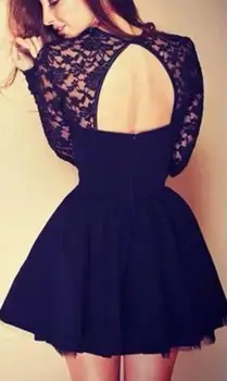 Kadın dışarı içi Boş sırt dekolteli dantel uzun kollu elbise siyah top seksi