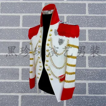 Erkek beyaz yaka altın nakış kırmızı püsküllü ceket /dans/jazz/moda sahne performansı ceket standı
