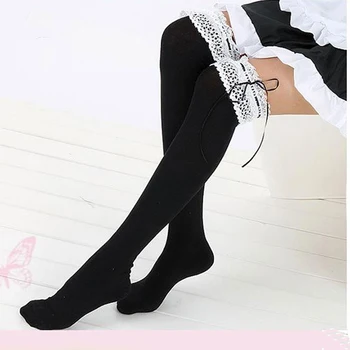 Toptan Diz Çorap 4 Renk Üzerinden Boot Pamuklu Çorap Kadınlar İçin Daha Yüksek Çorap Uyluk *Kızlar Yay Kawaii Lolita Külotlu Çorap Dantel