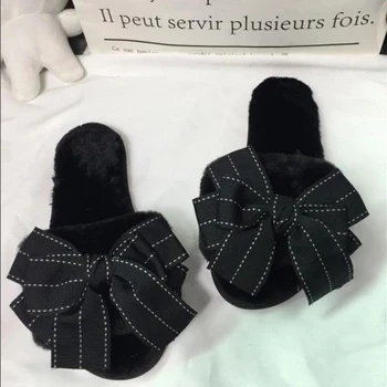 çiçek ünlü marka flip ile kürk slaytlar kadın tasarımcı kış sandalet sıcak ve rahat ev terlikleri tatlı dantel yay flop