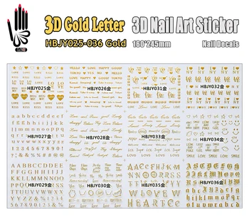 1(12 TASARIMLAR)Çivi Dekorasyon için 3D Tırnak Etiket HBJY025-036 Altın Harf Tasarım 3d Tırnak Sanat Çıkartması