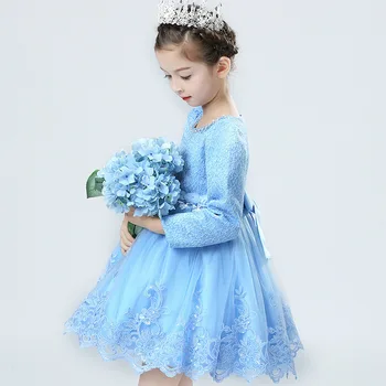 Koreli Prenses Kızlar Sonbahar Çocuk Çocuk Giyim Uzun Kadife İnce Kalın 3 Renk Nakış Dantel Elbise Kollu