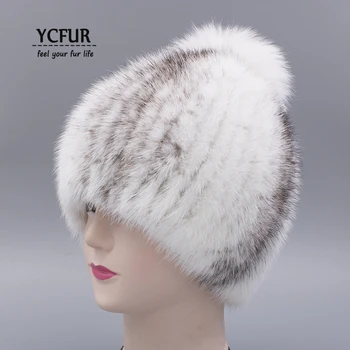 YCFUR Kış Kış Sıcak Klasik Tilki Kürkü Pom Kadın Cap Muff gorros Kasketleri Kadın Gerçek Vizon Kürk Şapka Şeritleri Şapka Kapaklar