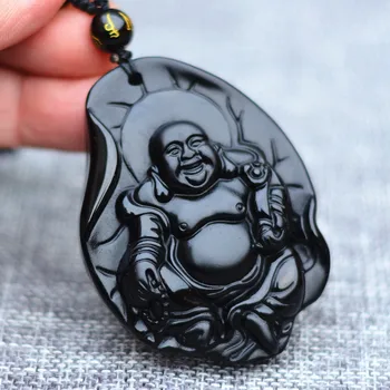 Erkekler Kadınlar için en Kaliteli Doğal Siyah Obsidyen Taş Kolye Gülüyor Maitreya Buda Kolye Hediye Takı Ücretsiz Zincir
