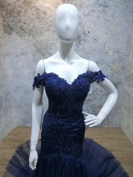 2018 Kapalı Omuz Uzun Balo Mavi Tül Aplike Prenses Vintage Abiye Vestido De Bulunan Boncuklu Elbiseler