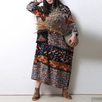 LZJN Uzun Kollu Sonbahar Elbise Kadın Çiçekli Elbise O-Boyun Artı Boyutu Pamuk Gömlek Elbise Yamalı Elbise Vestidos Elbise PX1862