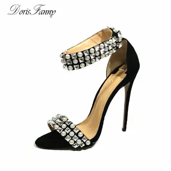 Sandalia feminina süet deri ayak bileği kayışı bayanlar açık ayakkabılar siyah yüksek topuklu sandalet kadın düğün ayakkabı DorisFanny
