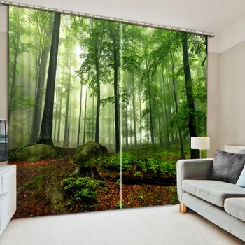 Oturma odası Fotoğraf orman manzara İçin Modern Perde Güneşlik Penceresi Yeşil Perde İçin Pamuk Perde